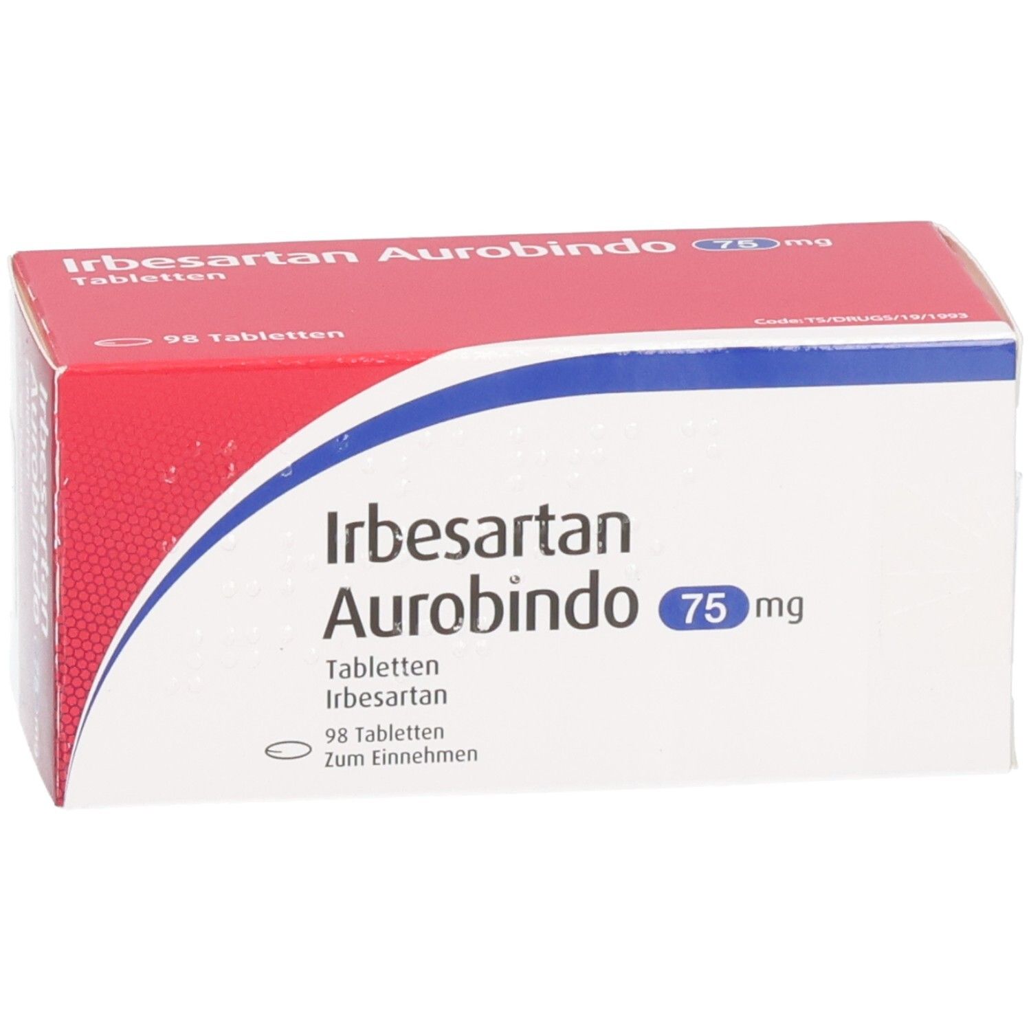 Schachtel mit IRBESARTAN AUROBINDO 75mg Tabletten. Rote und weiße Verpackung. Aufschrift: 98 Tabletten. Produktname und Dosierung deutlich sichtbar.
