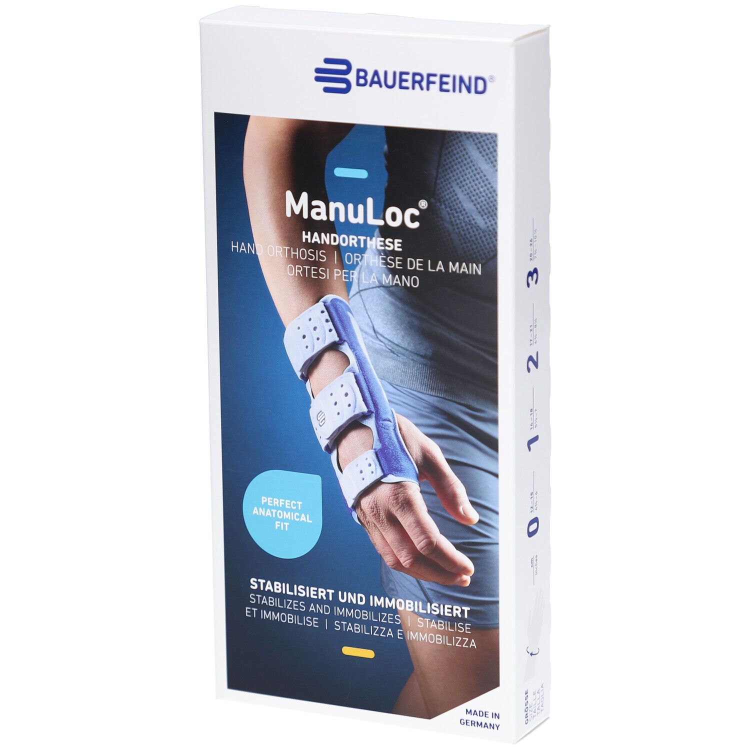 Bauerfeind Manuloc Handorthese in Verpackung. Weiß-blaue Handorthese, Größenangabe. Perfekte anatomische Passform.