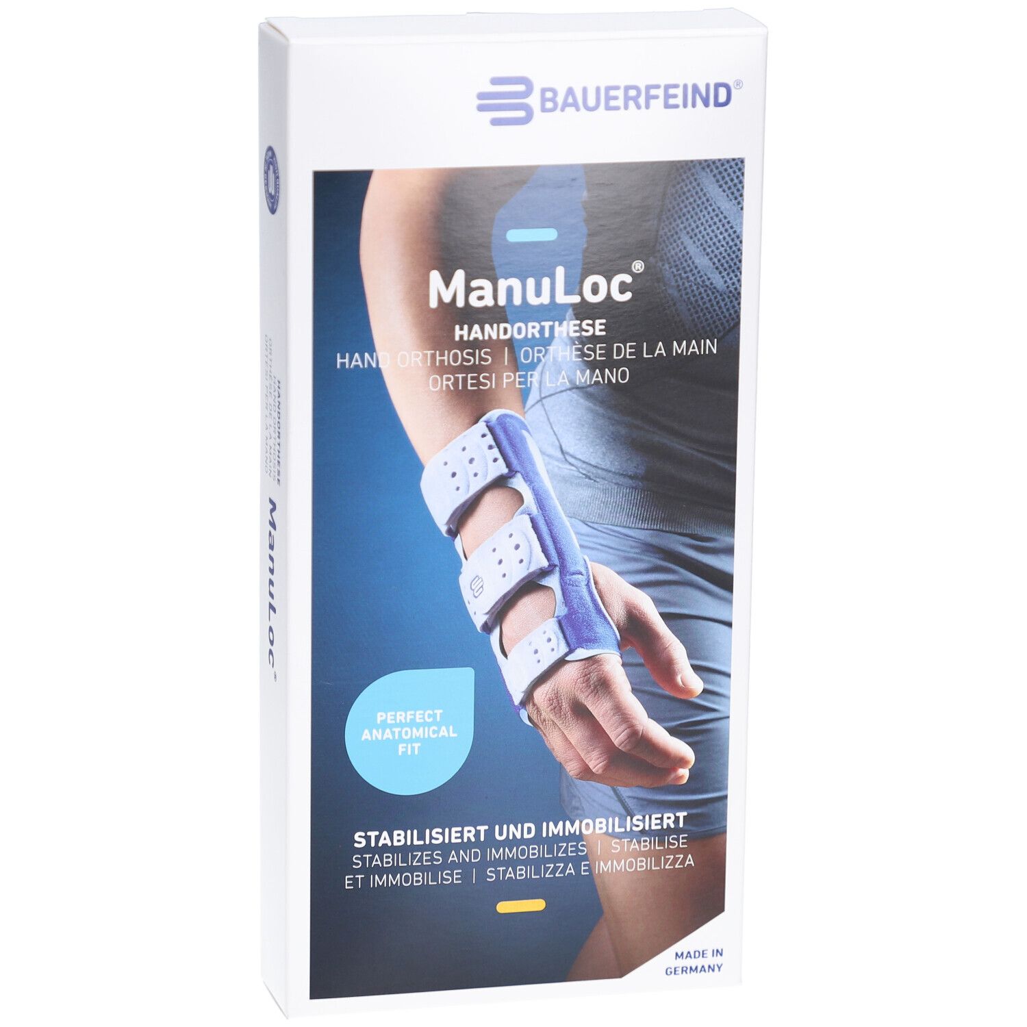 Manuloc Handorthese am Handgelenk. Weiß-blaue Handorthese. Perfekte anatomische Passform. Stabilisiert und immobilisiert.