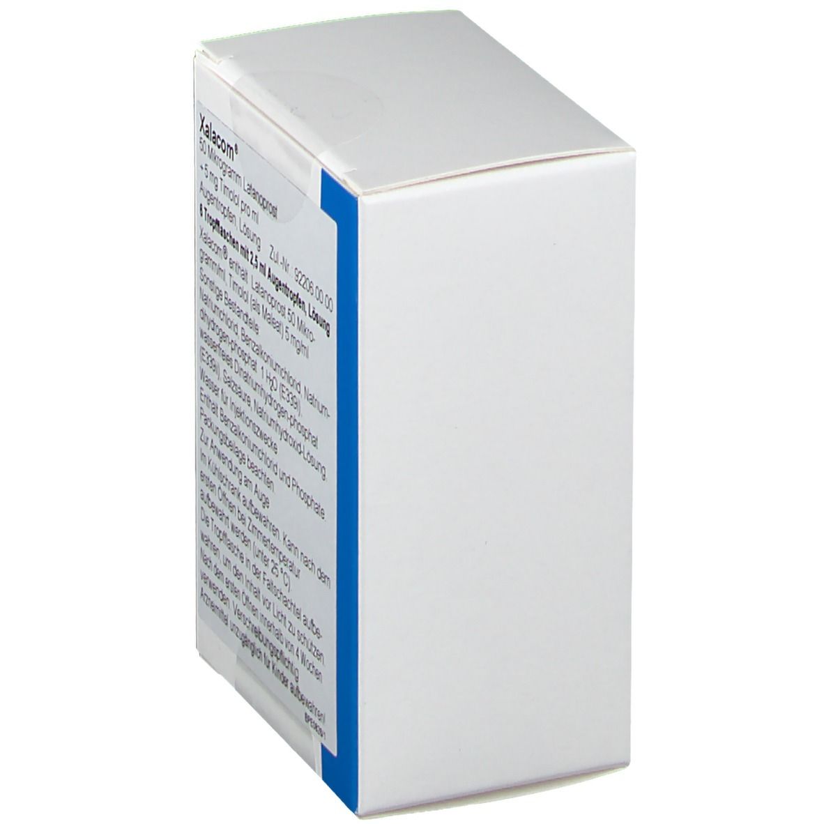 Weiße Verpackung mit blauer Markierung. Aufschrift: Xalacom, Text in deutscher Sprache. Seitenansicht.