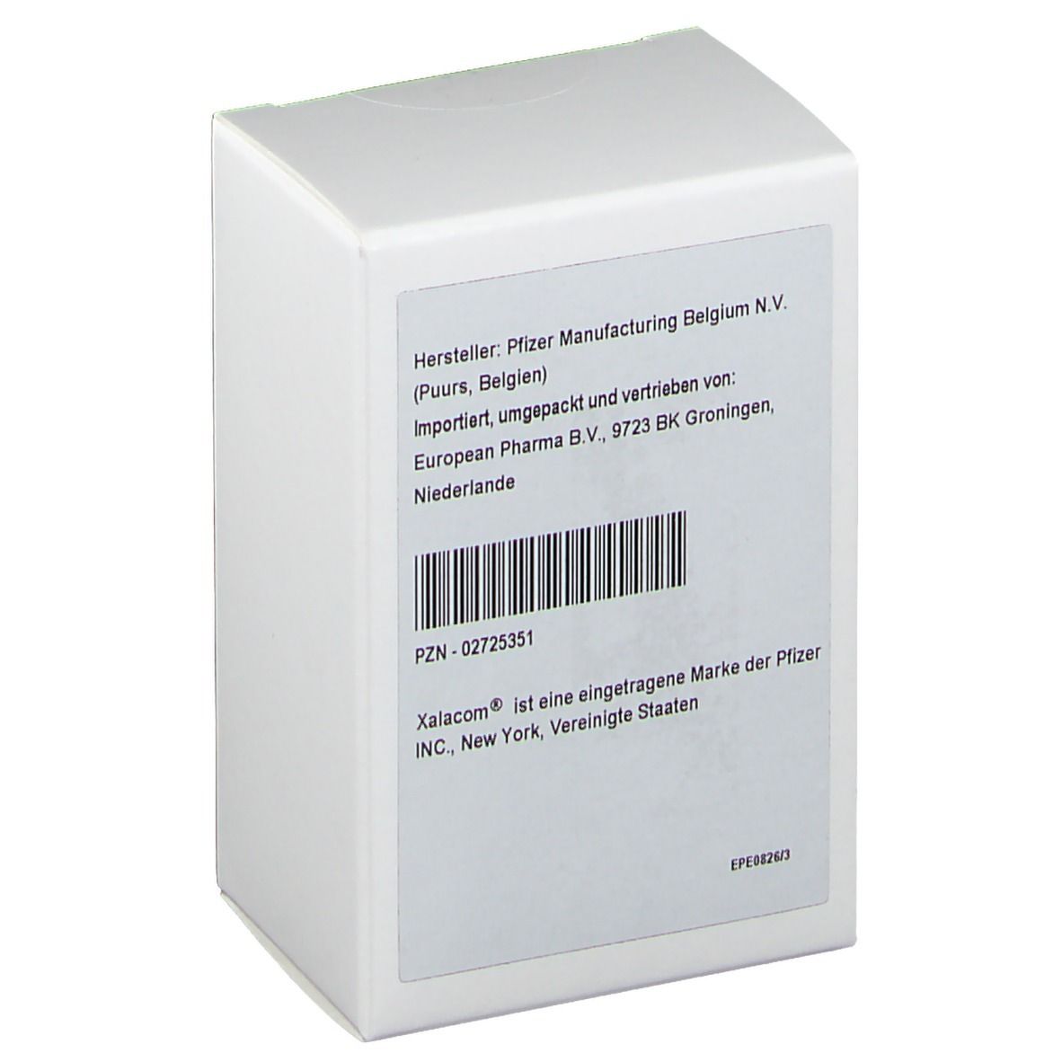 Weiße Verpackung. Aufschrift: Hersteller, Importeur, PZN-02725351, Xalacom® ist eine eingetragene Marke der Pfizer INC.