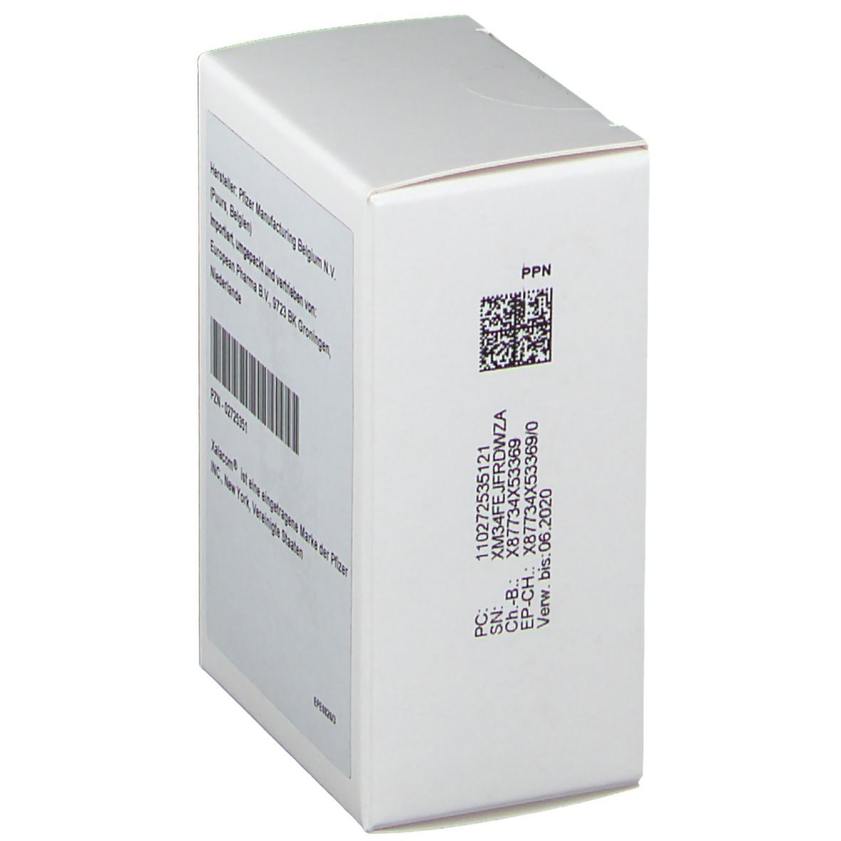 Weiße Verpackung. Aufschrift: PPN, Chargennummer, Verfallsdatum, QR-Code.