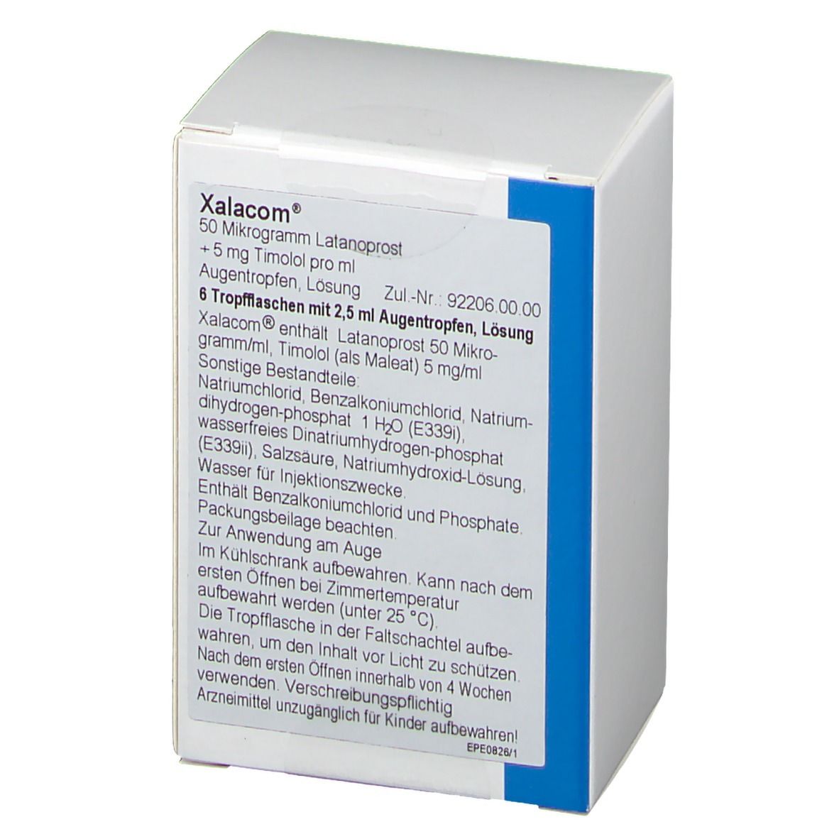 Weiße Verpackung mit blauer Markierung. Aufschrift: Xalacom, 6 Tropfflaschen mit 2,5 ml Augentropfen. Text in deutscher Sprache.