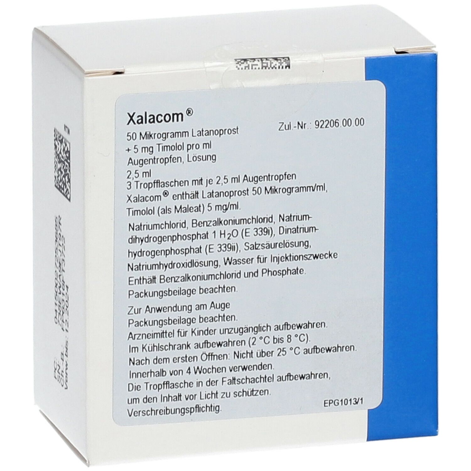 Weiße Faltschachtel mit Text. Aufdruck: Xalacom, Wirkstoffe, Inhalt, Gebrauchsanweisung.