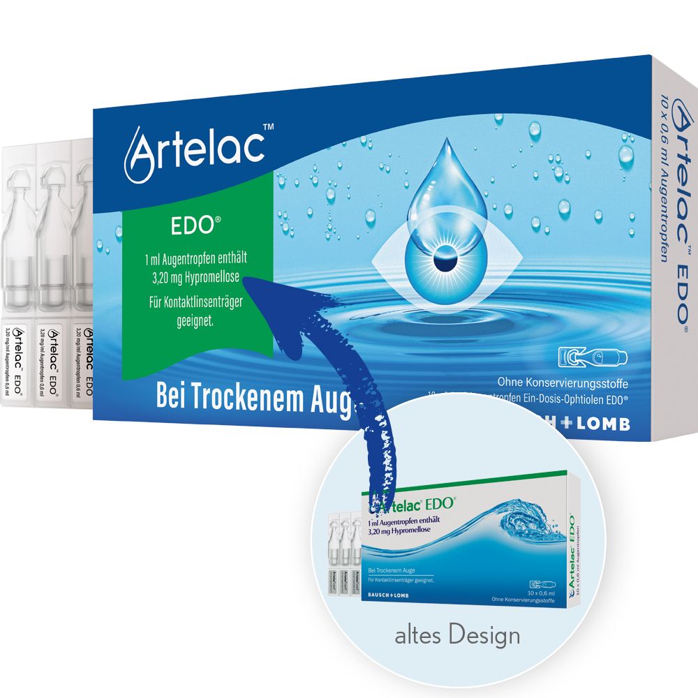 Artelac EDO Augentropfen-Packung mit Pfeil und Vergleich. Blaue Schachtel mit Produktinformationen und Einzel-Dosis-Pipetten.