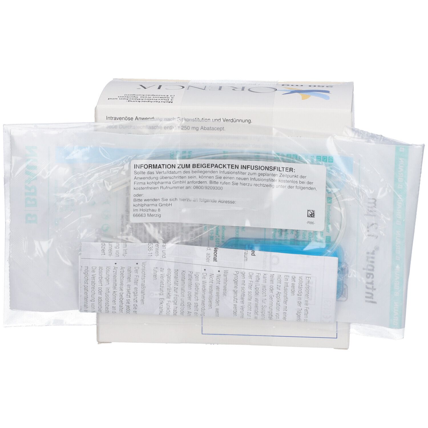 Orencia-Packung mit Infusionsfilter und Beipackzettel. Enthält Infusionsfilter und weitere Komponenten. Text: Informationen zum beigepackten Infusionsfilter.