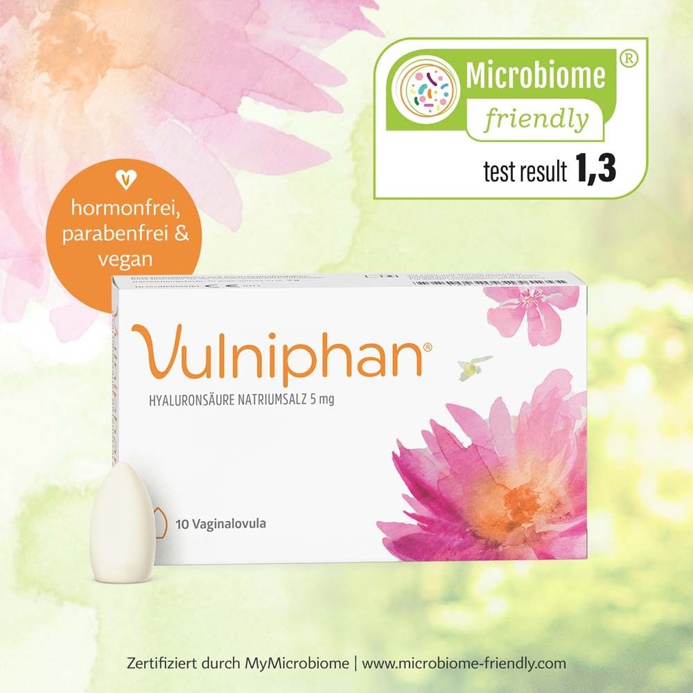 Text-Grafik. Hormonfrei, parabenfrei & vegan. Microbiome friendly. Schachtel und Ovulum Vulniphan®.