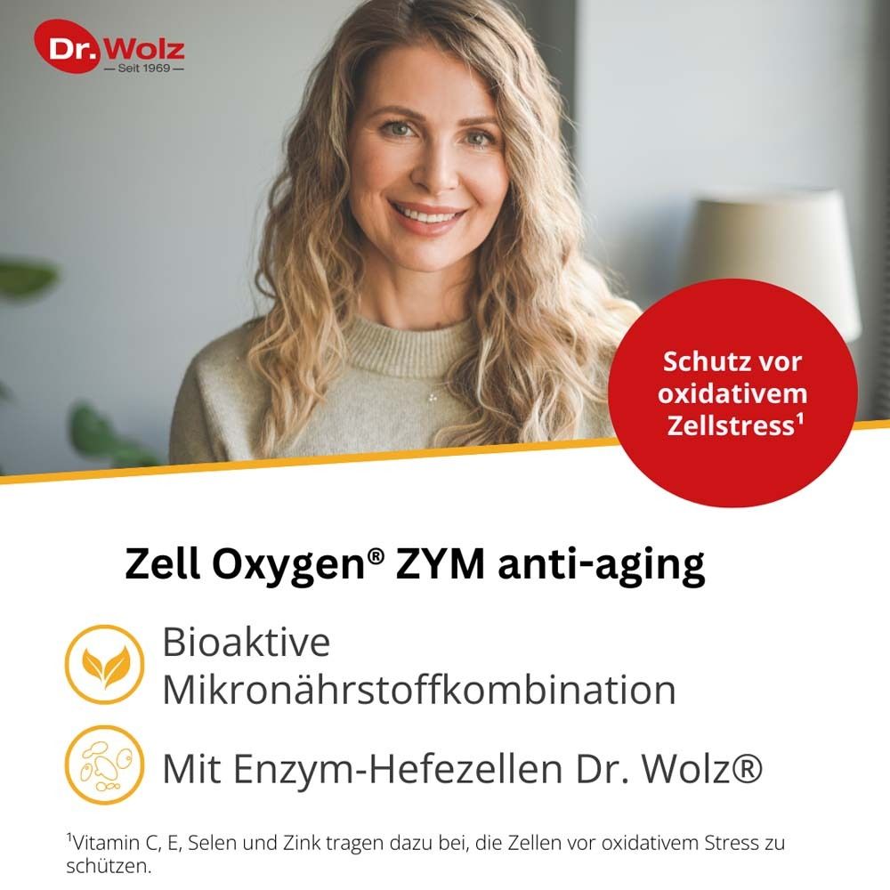 Frau mit blonden Haaren. Text: Zell Oxygen® ZYM anti-aging. Bioaktive Mikronährstoffkombination. Mit Enzym-Hefezellen.