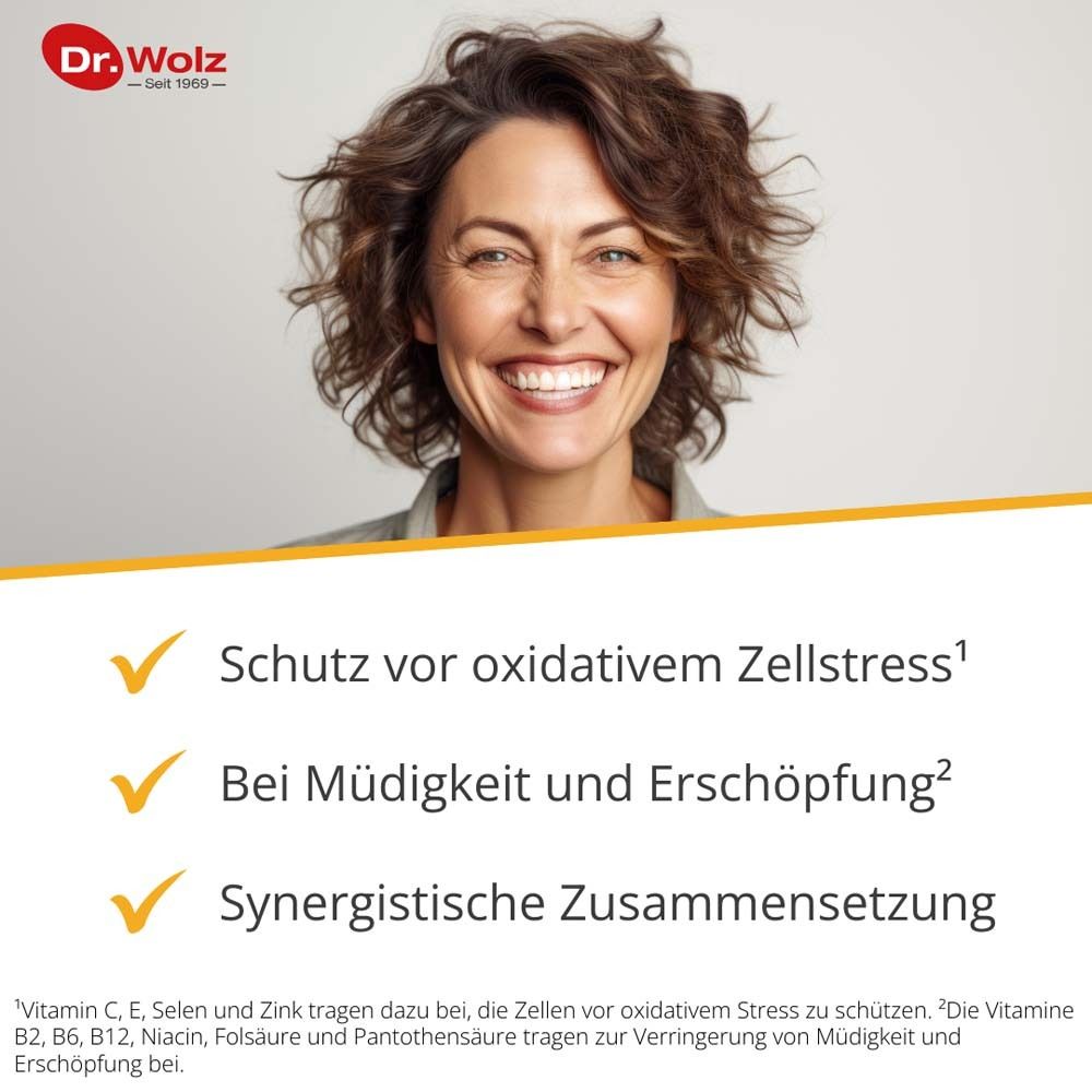 Frau lächelt. Text: Schutz vor oxidativem Zellstress, bei Müdigkeit und Erschöpfung, synergistische Zusammensetzung.