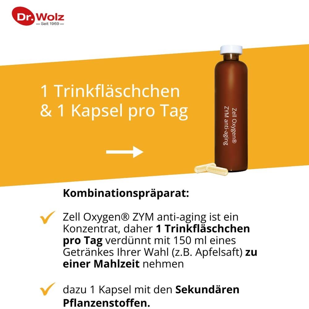 Braune Flasche und Kapseln. Text: 1 Trinkfläschchen & 1 Kapsel pro Tag. Kombination: Zell Oxygen® ZYM anti-aging.
