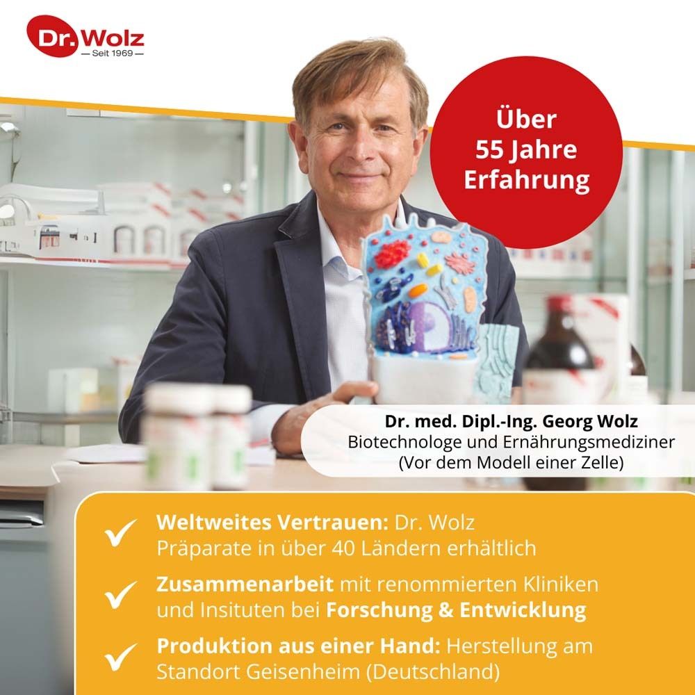 Mann mit Modell einer Zelle. Text: Über 55 Jahre Erfahrung. Zusammenarbeit mit Kliniken. Herstellung in Deutschland.