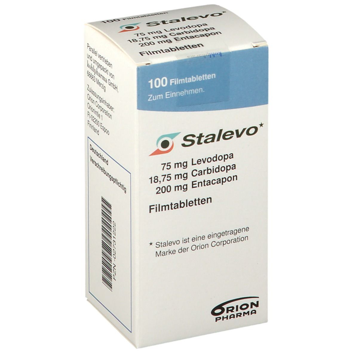 Schachtel mit STALEVO Filmtabletten. Enthält 75 mg Levodopa, 18,75 mg Carbidopa, 200 mg Entacapon. 100 Tabletten.