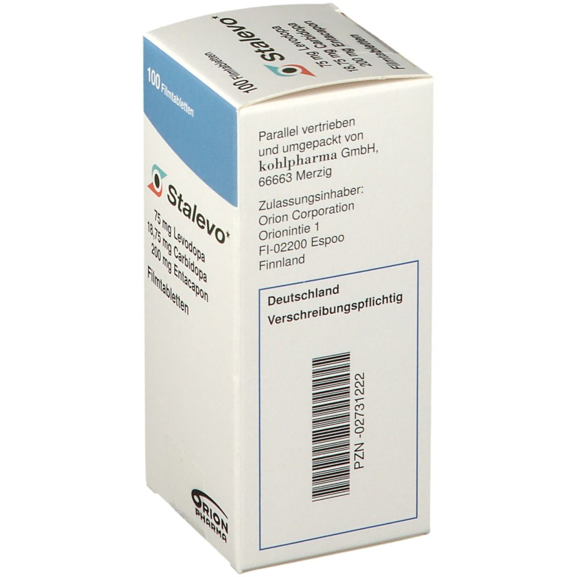 STALEVO Filmtabletten-Schachtel. Enthält 75 mg Levodopa, 18,75 mg Carbidopa, 200 mg Entacapon. Herstellerinformationen.