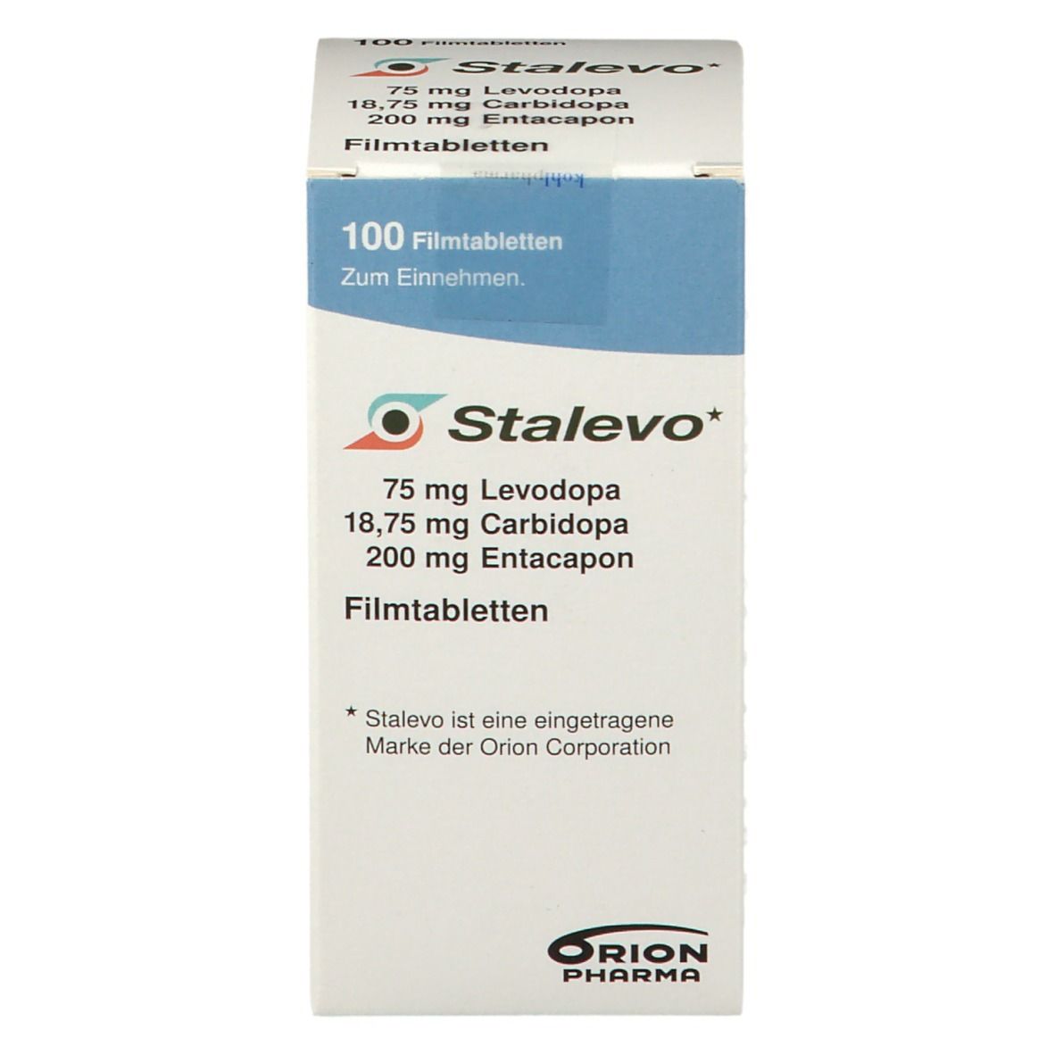 STALEVO Filmtabletten-Schachtel. Enthält 75 mg Levodopa, 18,75 mg Carbidopa, 200 mg Entacapon. 100 Tabletten.