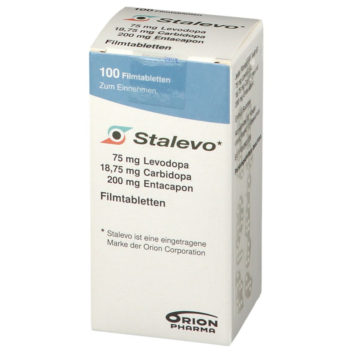 STALEVO Filmtabletten-Schachtel. Enthält 75 mg Levodopa, 18,75 mg Carbidopa, 200 mg Entacapon. Orion Pharma Logo.
