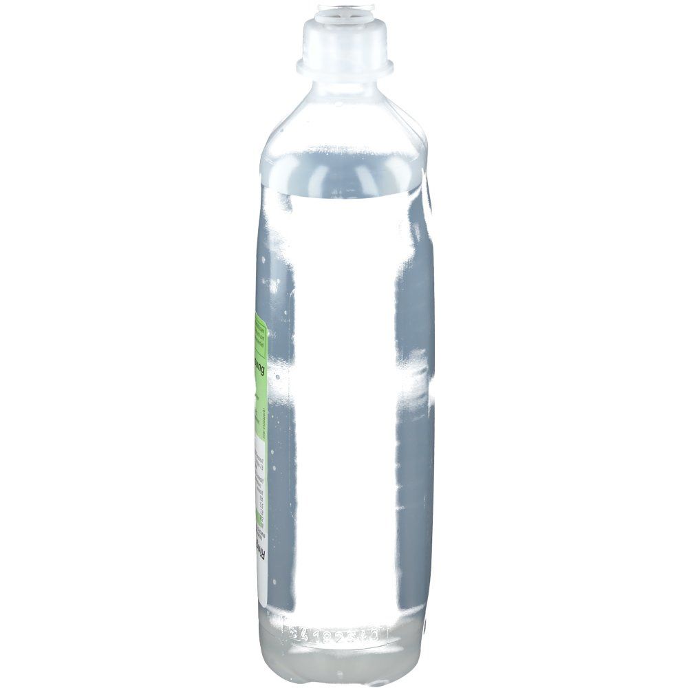 Plastikflasche mit klarer Flüssigkeit. Etikett teilweise sichtbar. Ringer-Lactat-Lösung.