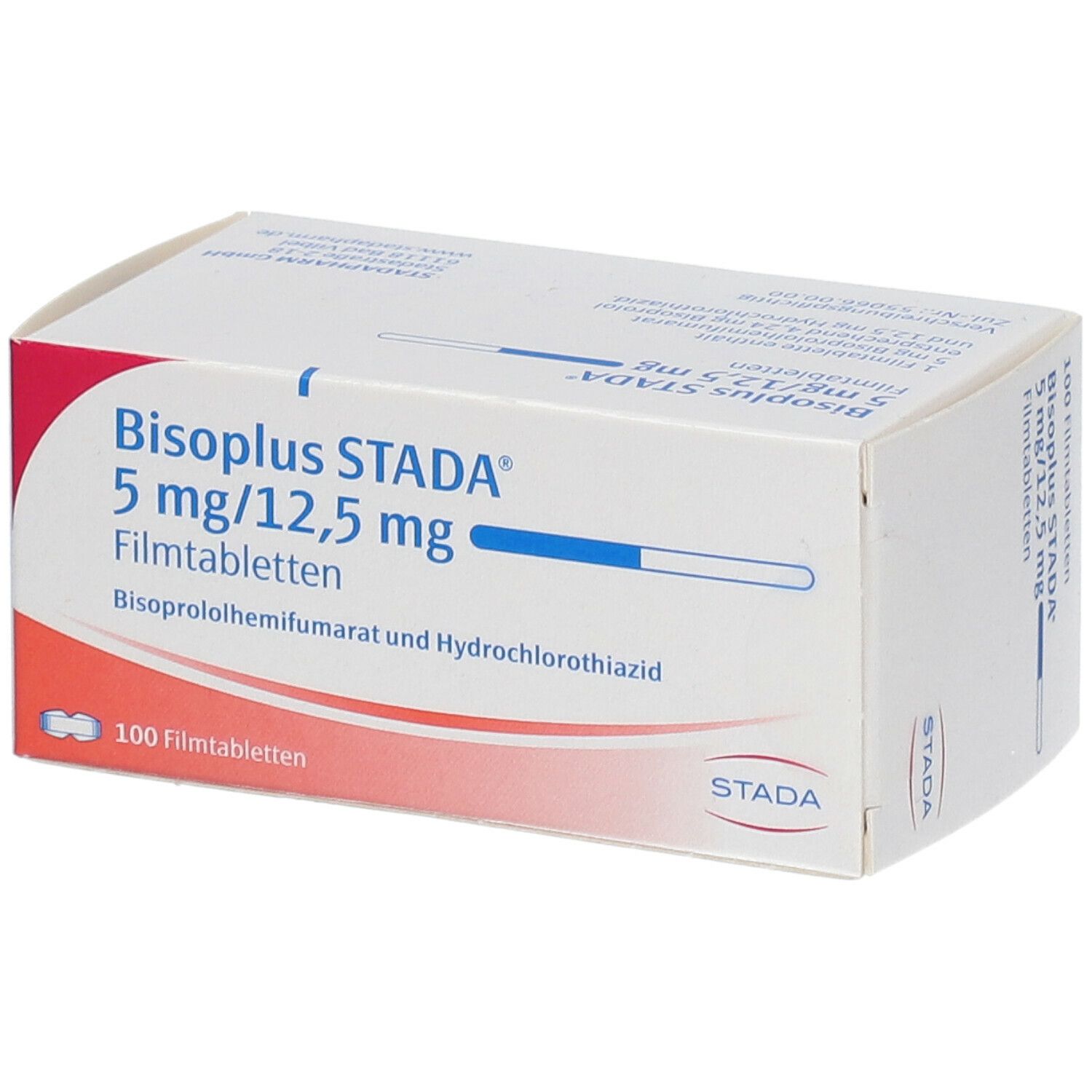 Schachtel Bisoplus Stada 5 mg/12,5 mg Filmtabletten. 100 Tabletten. Aufdruck: Bisoprololhemifumarat und Hydrochlorothiazid.