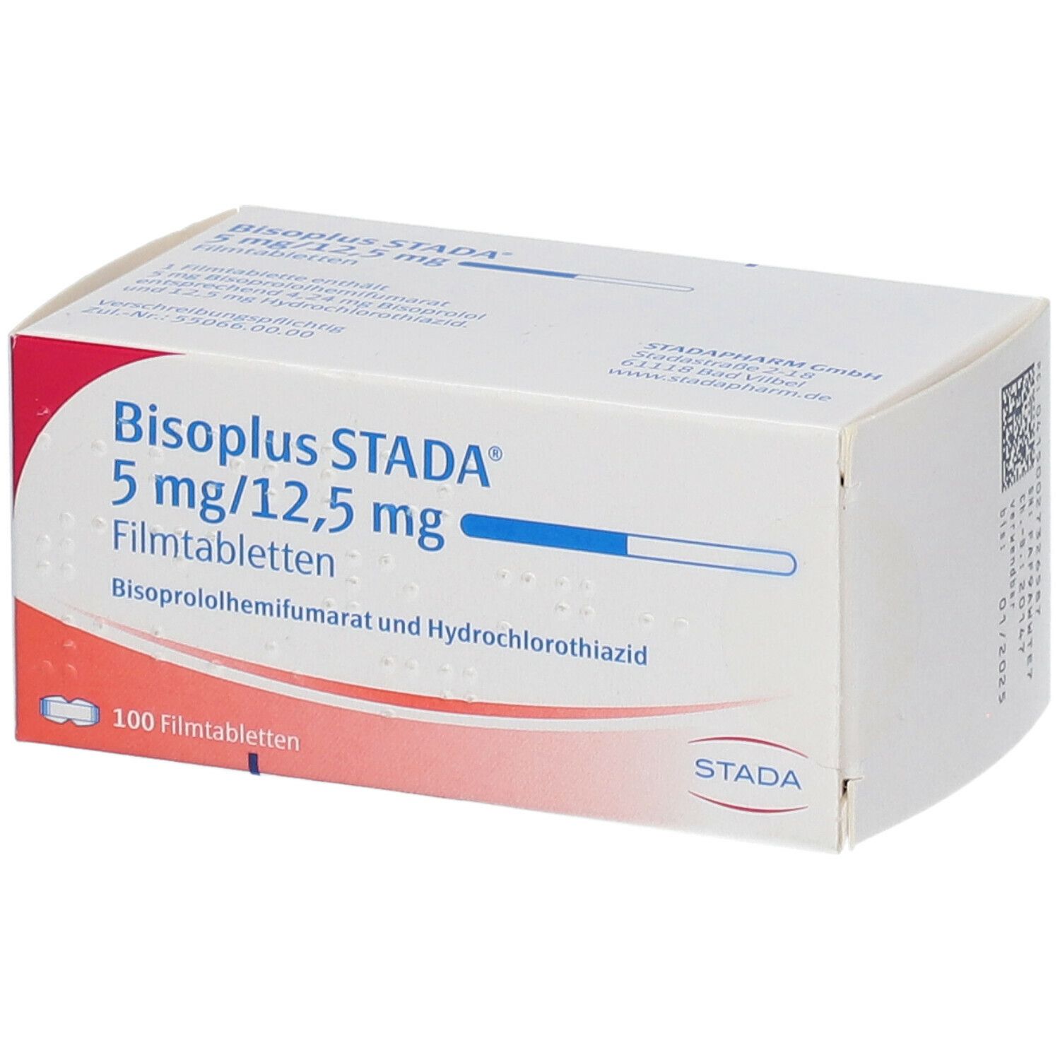 Schachtel Bisoplus Stada 5 mg/12,5 mg Filmtabletten. 100 Tabletten. Aufdruck: Bisoprololhemifumarat und Hydrochlorothiazid.