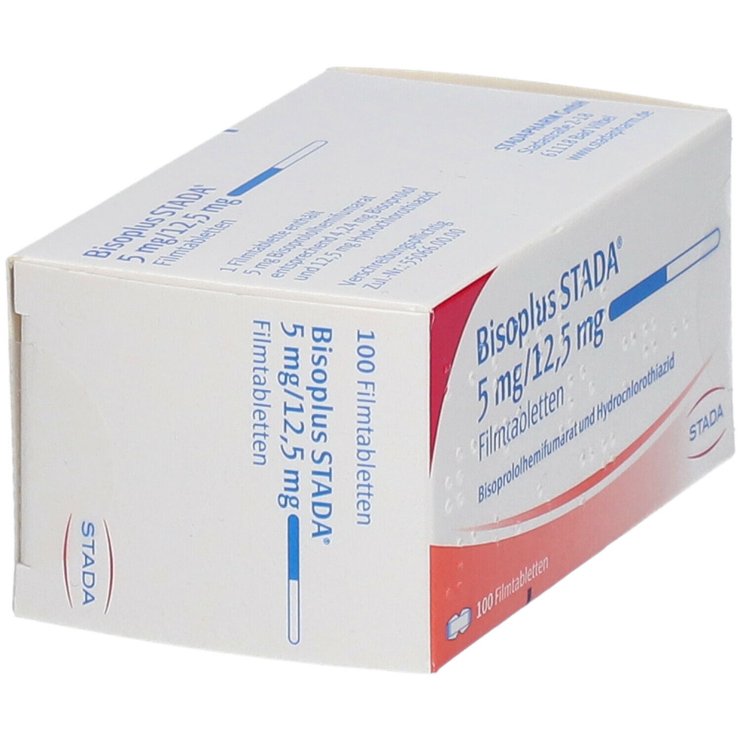 Schachtel Bisoplus Stada 5 mg/12,5 mg Filmtabletten. 100 Tabletten. Aufdruck: Bisoprololhemifumarat und Hydrochlorothiazid.