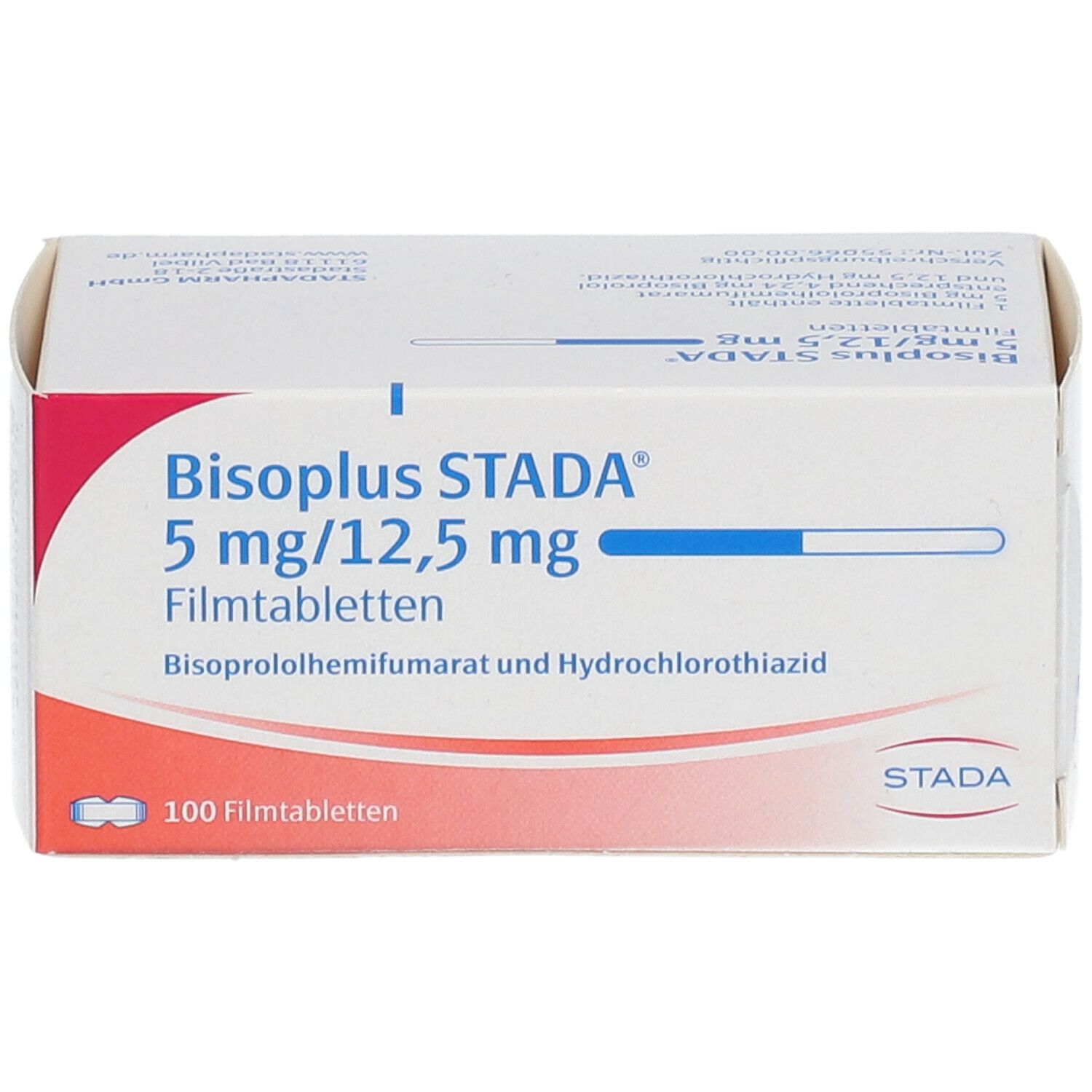 Schachtel Bisoplus Stada 5 mg/12,5 mg Filmtabletten. 100 Tabletten. Aufdruck: Bisoprololhemifumarat und Hydrochlorothiazid.
