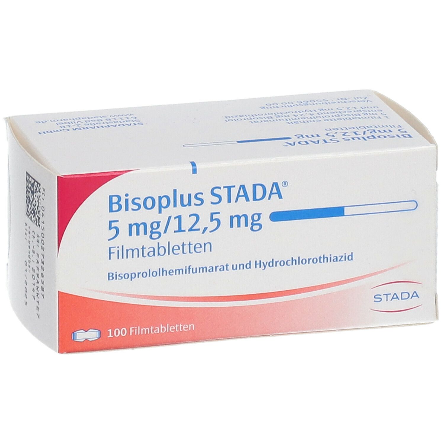Schachtel Bisoplus Stada 5 mg/12,5 mg Filmtabletten. 100 Tabletten. Aufdruck: Bisoprololhemifumarat und Hydrochlorothiazid.