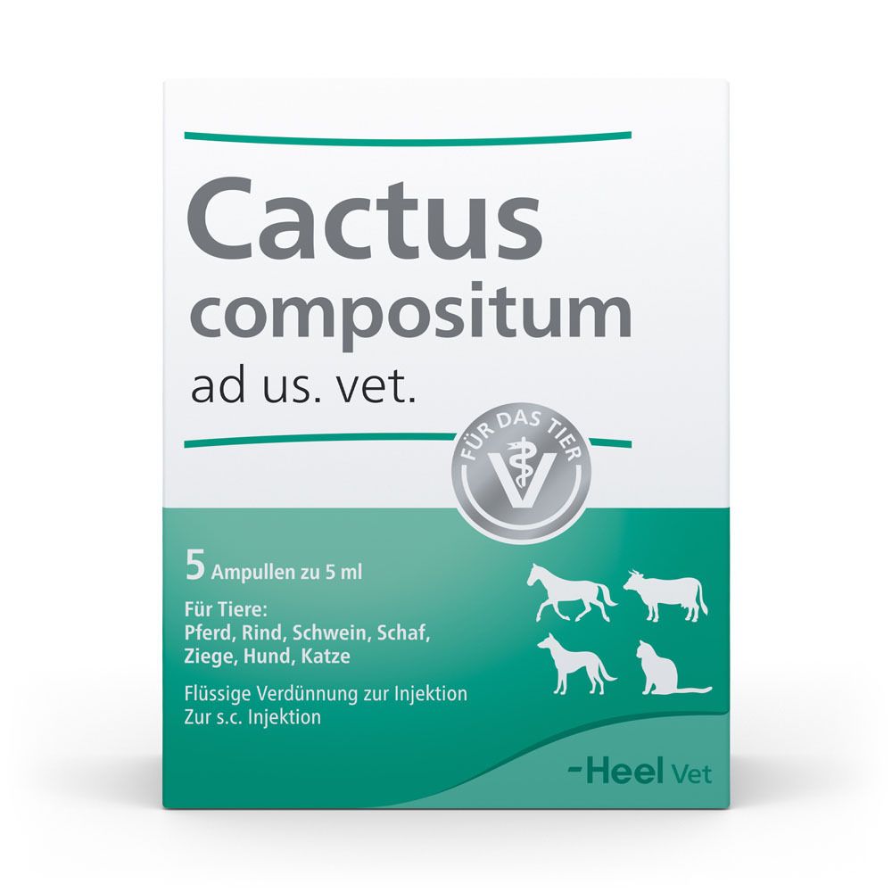 Verpackung von Cactus compositum ad us. vet. mit 5 Ampullen. Enthält Informationen für Tiere wie Pferde, Rinder, Schweine, Schafe, Ziegen, Hunde und Katzen.