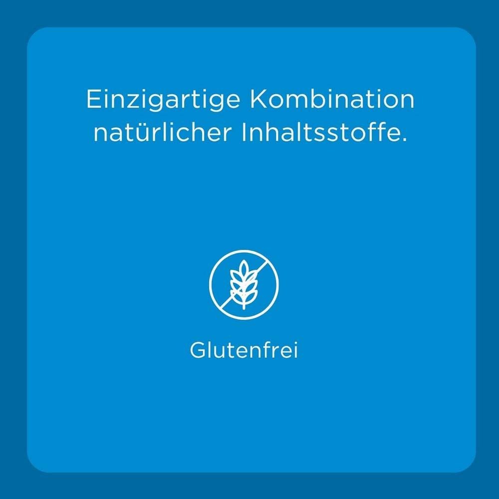 Blauer Hintergrund mit Text und Symbol. Text: Einzigartige Kombination natürlicher Inhaltsstoffe. Glutenfrei.