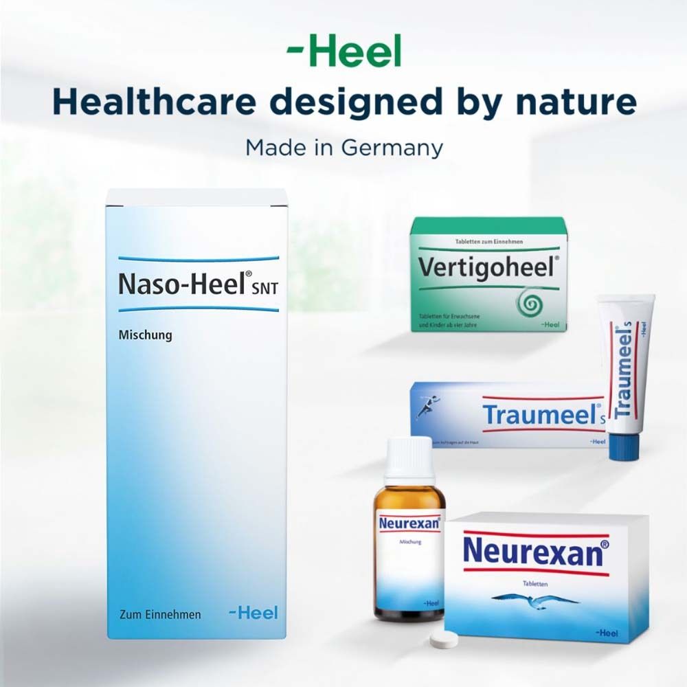 Verschiedene Heel-Produkte. Naso-Heel SNT, Vertigoheel, Traumeel, Neurexan. Text: Healthcare designed by nature.