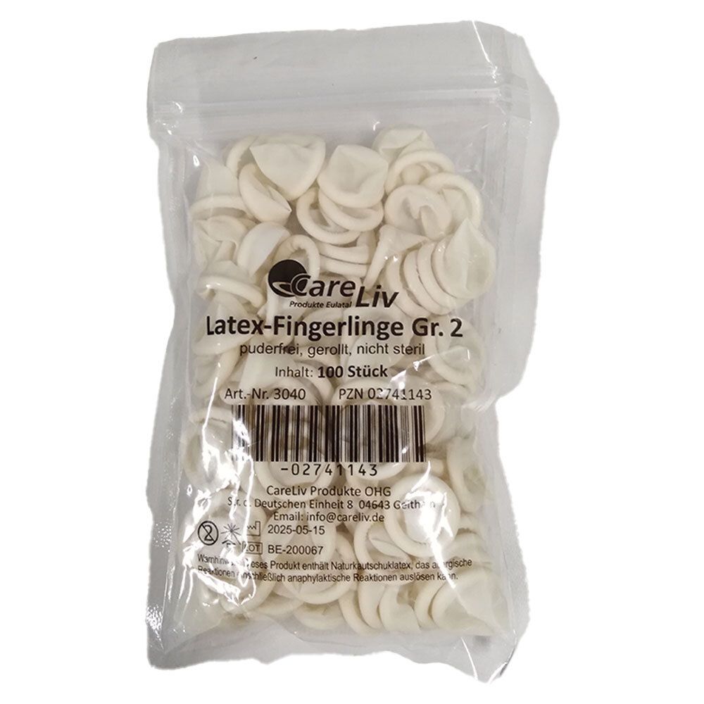 Beutel mit Latex-Fingerlingen Gr. 2. Aufdruck mit Produktname, Menge, Barcode und Herstellerinformationen.