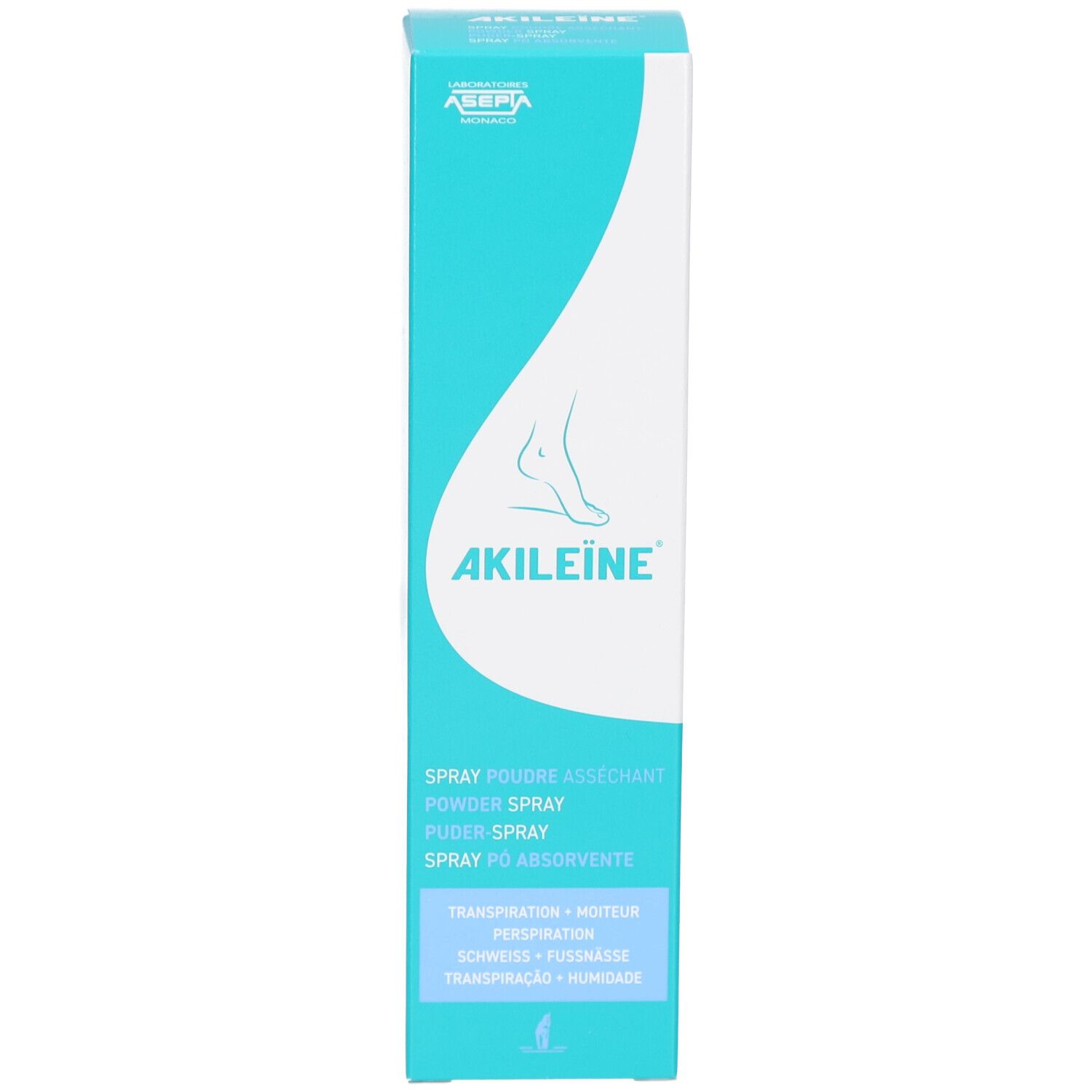 Türkis-weiße Schachtel. Text: AKILEINE, Spray Poudre, Fuß-Puder-Spray. Fuß-Illustration. Produktnamen in mehreren Sprachen.