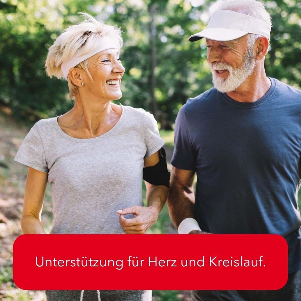 Älteres Paar beim Joggen im Park. Roter Balken mit Text: Unterstützung für Herz und Kreislauf.