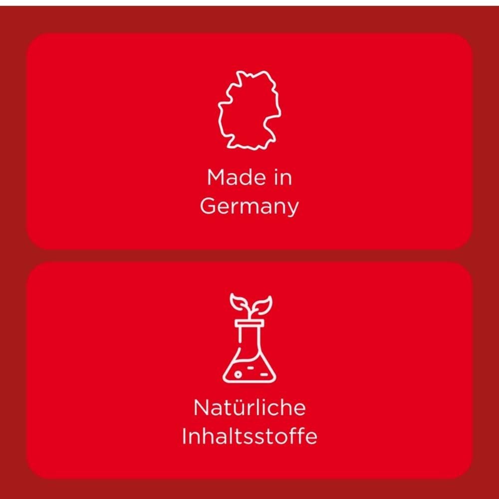 Rote Fläche mit weißer Umrisskarte von Deutschland und Text: Made in Germany. Darunter: Natürliche Inhaltsstoffe.