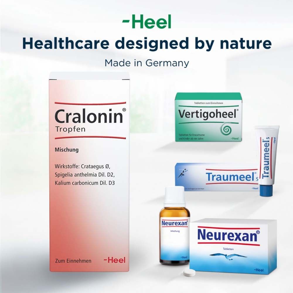 Produktübersicht von Heel. Cralonin® Tropfen, Vertigoheel, Traumeel, Neurexan. Flasche und Packungen.