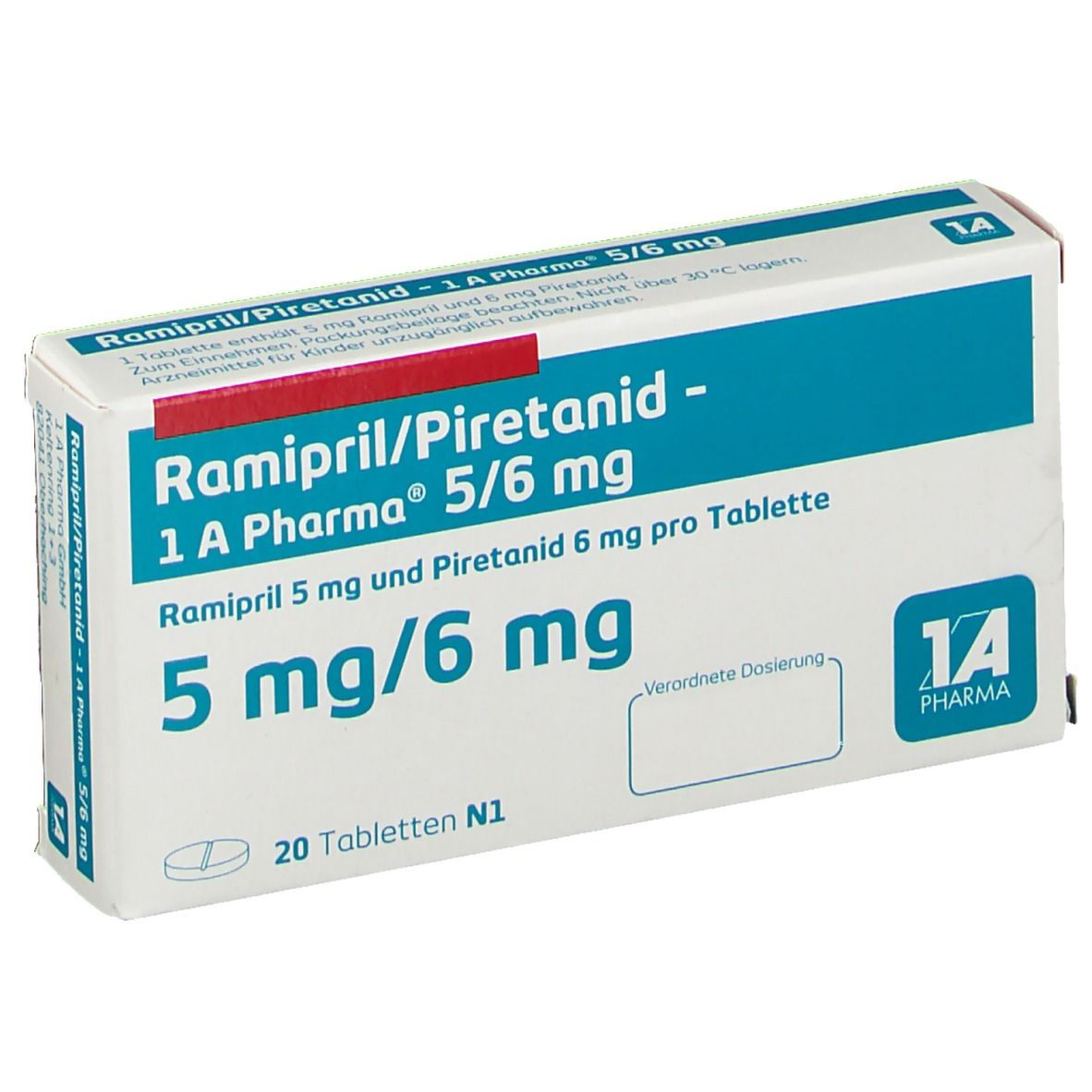 Schachtel mit Tabletten. Aufschrift: Ramipril/Piretanid - 1 A Pharma 5/6 mg. 20 Tabletten. 5 mg/6 mg.