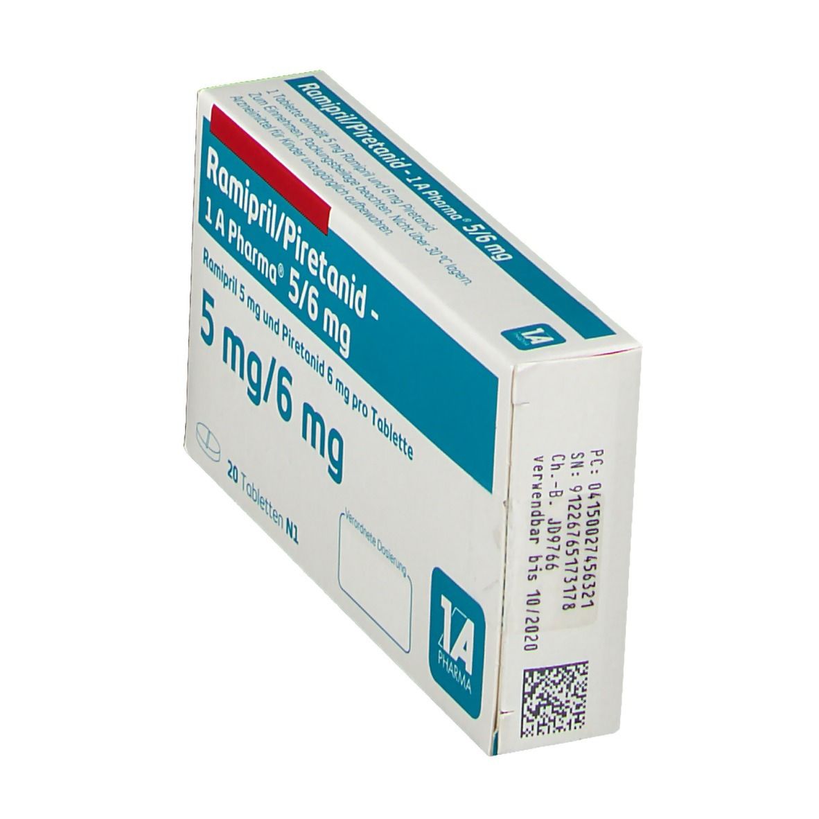 Schachtel mit Tabletten. Aufschrift: Ramipril/Piretanid - 1 A Pharma 5/6 mg. 20 Tabletten. 5 mg/6 mg.