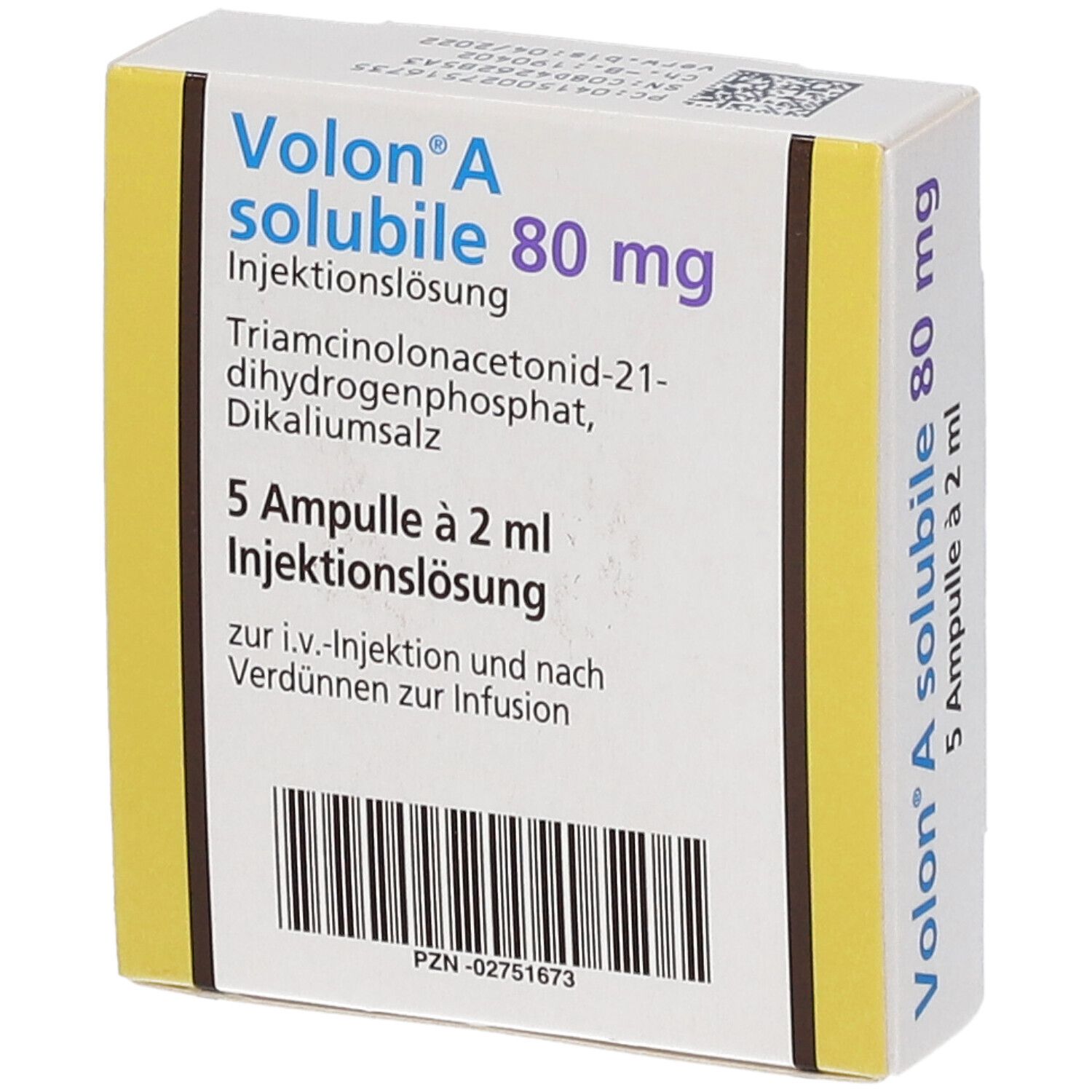 Schachtel mit Volon®A solubile 80 mg. 5 Ampullen à 2 ml Injektionslösung. Gelbe und weiße Verpackung mit Text.