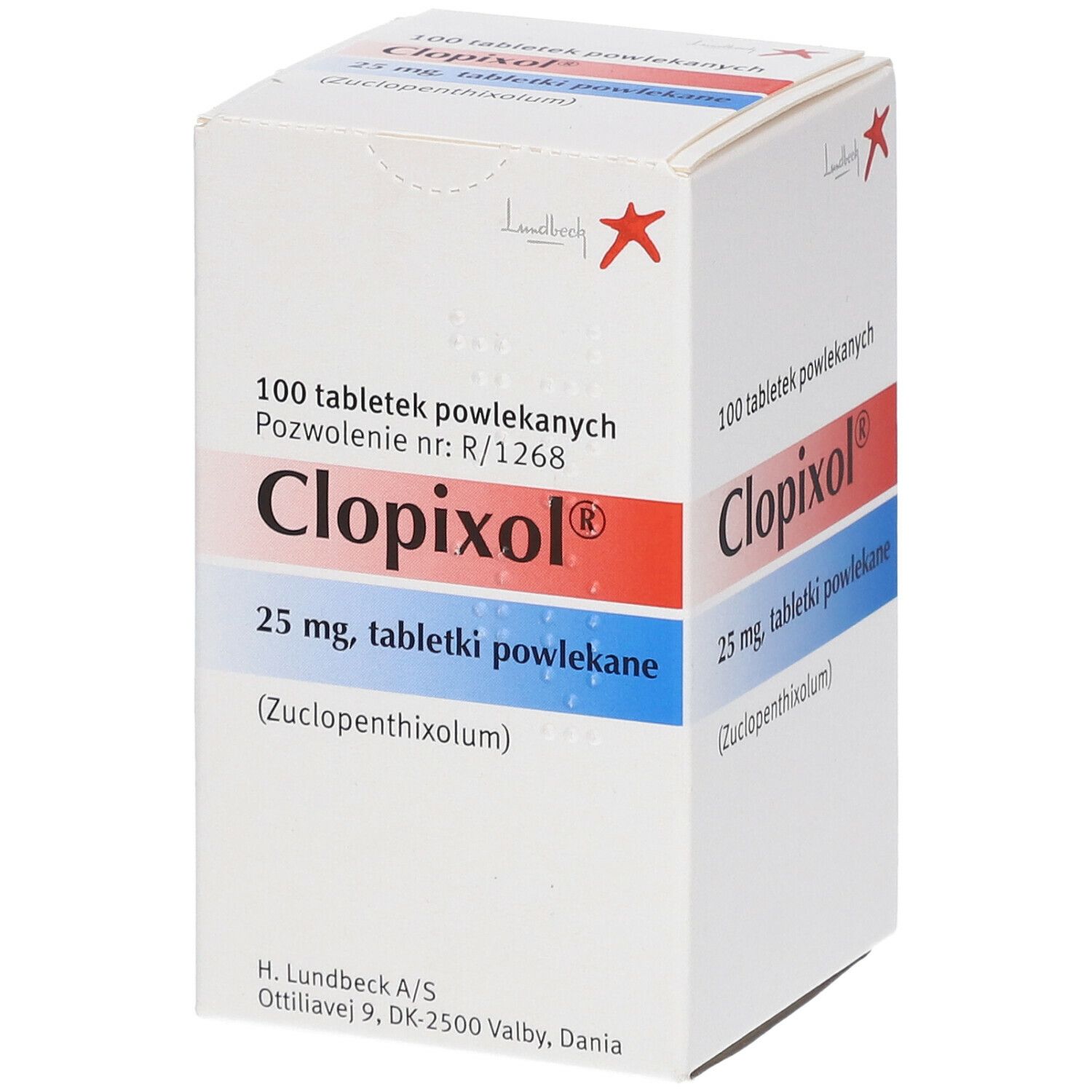 Schachtel mit Clopixol 25 mg Tabletten. Rote und blaue Streifen, rotes Logo. 100 Tabletten.