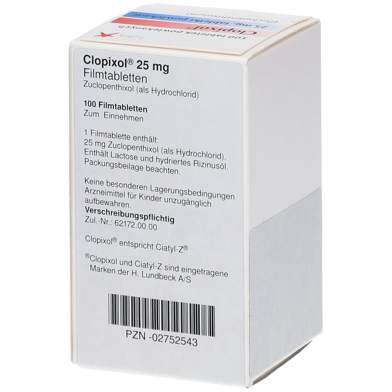 Schachtel Clopixol 25 mg Filmtabletten. Text in deutscher Sprache. Enthält 100 Tabletten.