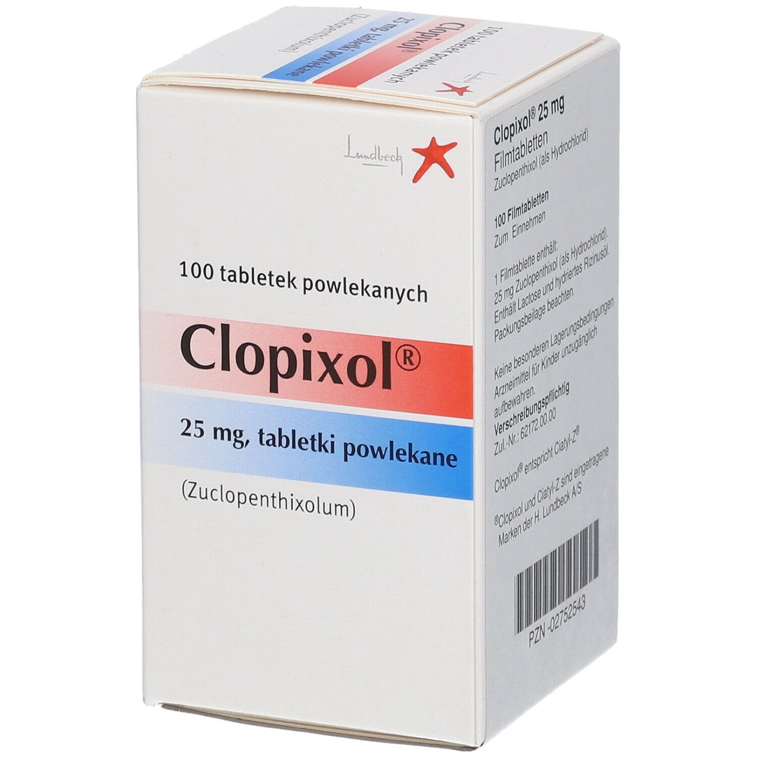 Schachtel mit Clopixol 25 mg Tabletten. Rote und blaue Streifen, rotes Logo. 100 Tabletten.