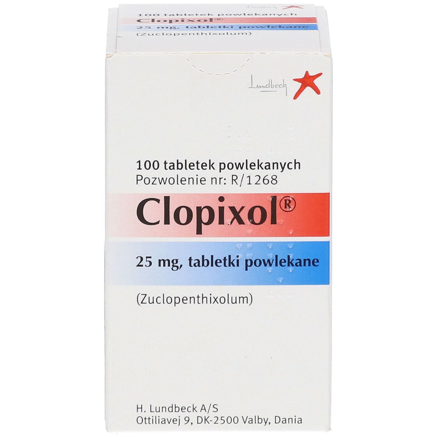 Schachtel mit Clopixol 25 mg Tabletten. Rote und blaue Streifen, rotes Logo. 100 Tabletten.