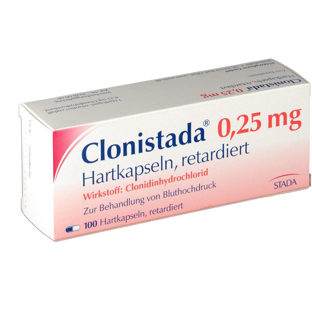 Schachtel Clonistada 0,25 mg Retardkapseln. Weiße Schachtel mit roter Schrift. Enthält 100 Hartkapseln. STADA Logo.