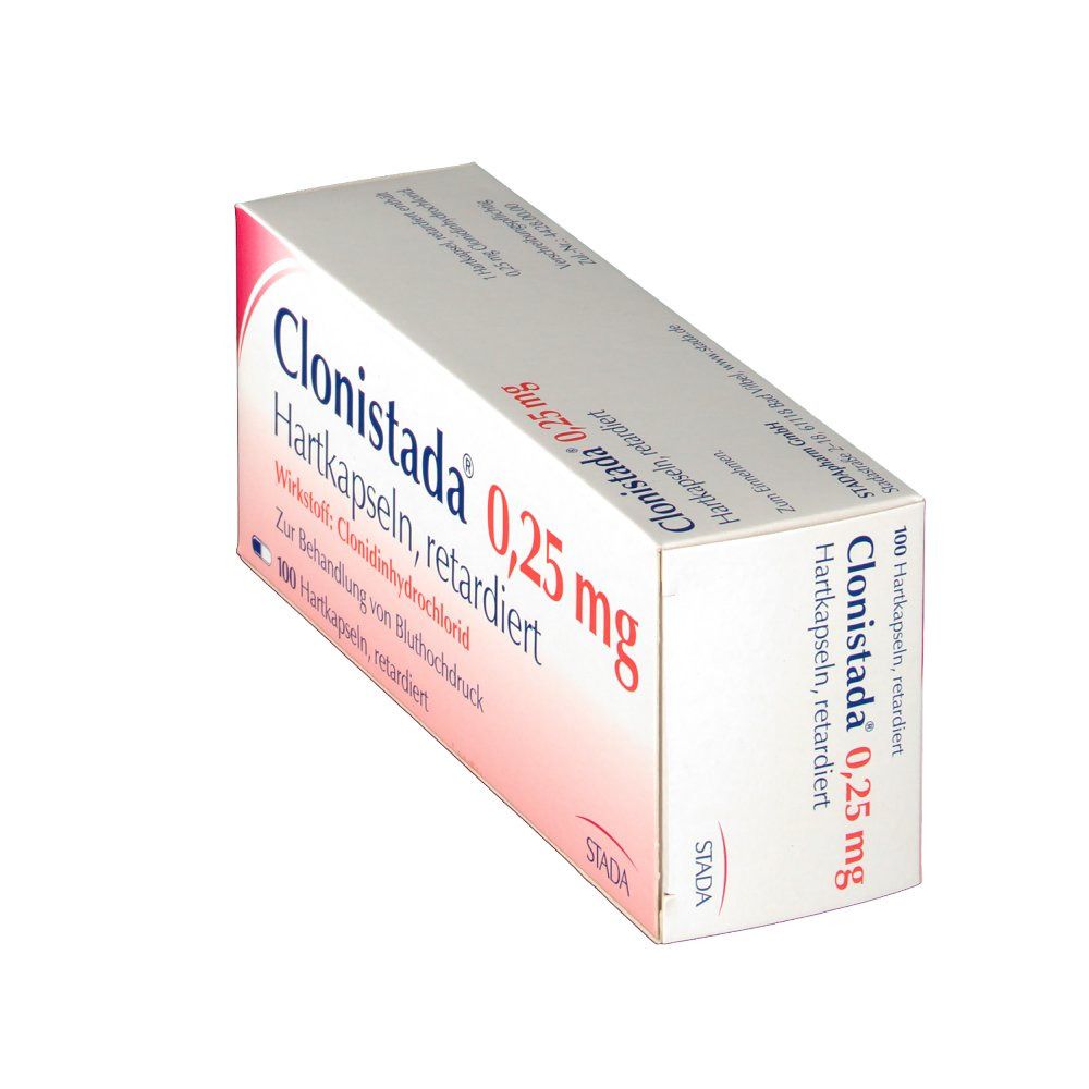 Schachtel Clonistada 0,25 mg Retardkapseln, schräg. Weiße Schachtel mit roter Schrift. STADA Logo.