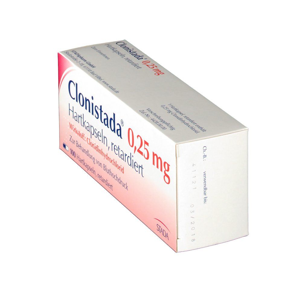 Schachtel Clonistada 0,25 mg Retardkapseln, schräg. Weiße Schachtel mit roter Schrift. STADA Logo. Sichtbar: Verfallsdatum.