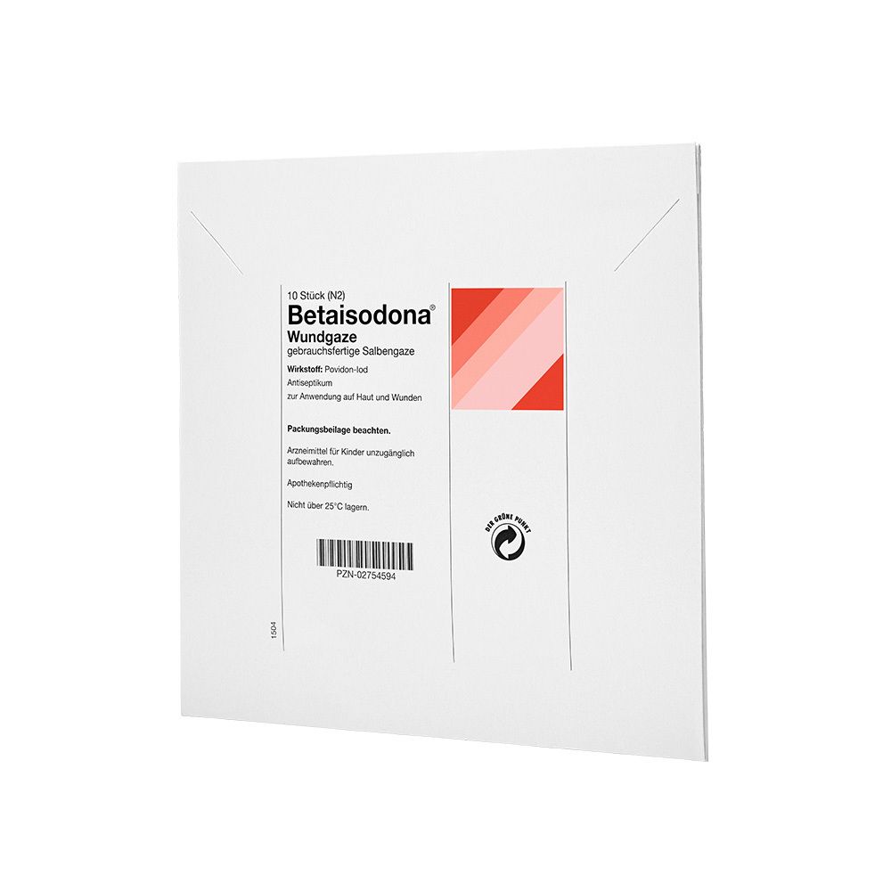 Weiße Verpackung mit rotem Streifenmuster. Beschriftung: Betaisodona Wundgaze. PZN-02754594.