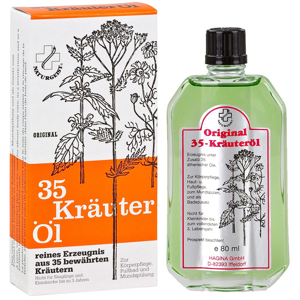 Produktverpackung und Flasche mit grünem Öl. Aufschrift: Original 35-Kräuteröl. Auf der Verpackung: 35 Kräuter Öl, reines Erzeugnis.