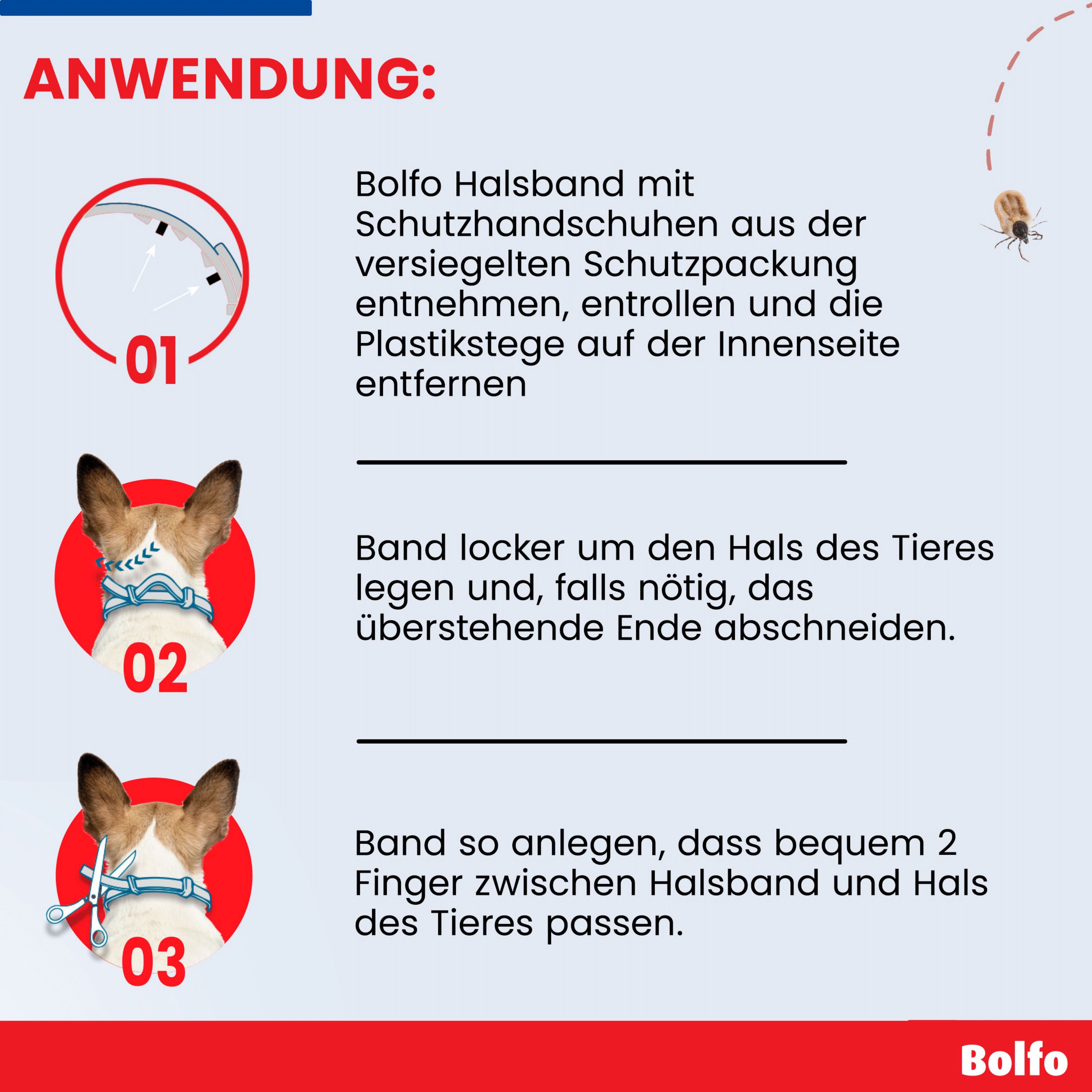 Anleitung zur Anwendung des Bolfo Halsbands. Schritt-für-Schritt-Anleitung mit Illustrationen.