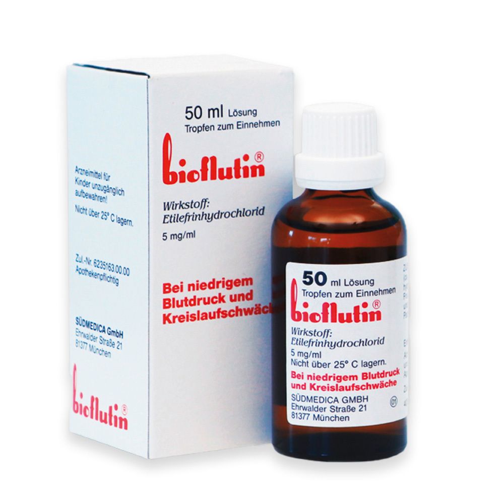 Braune Glasflasche und Karton. Aufschrift: 50 ml Lösung, bioflutin, Wirkstoff: Etilefrinhydrochlorid. Bei niedrigem Blutdruck.