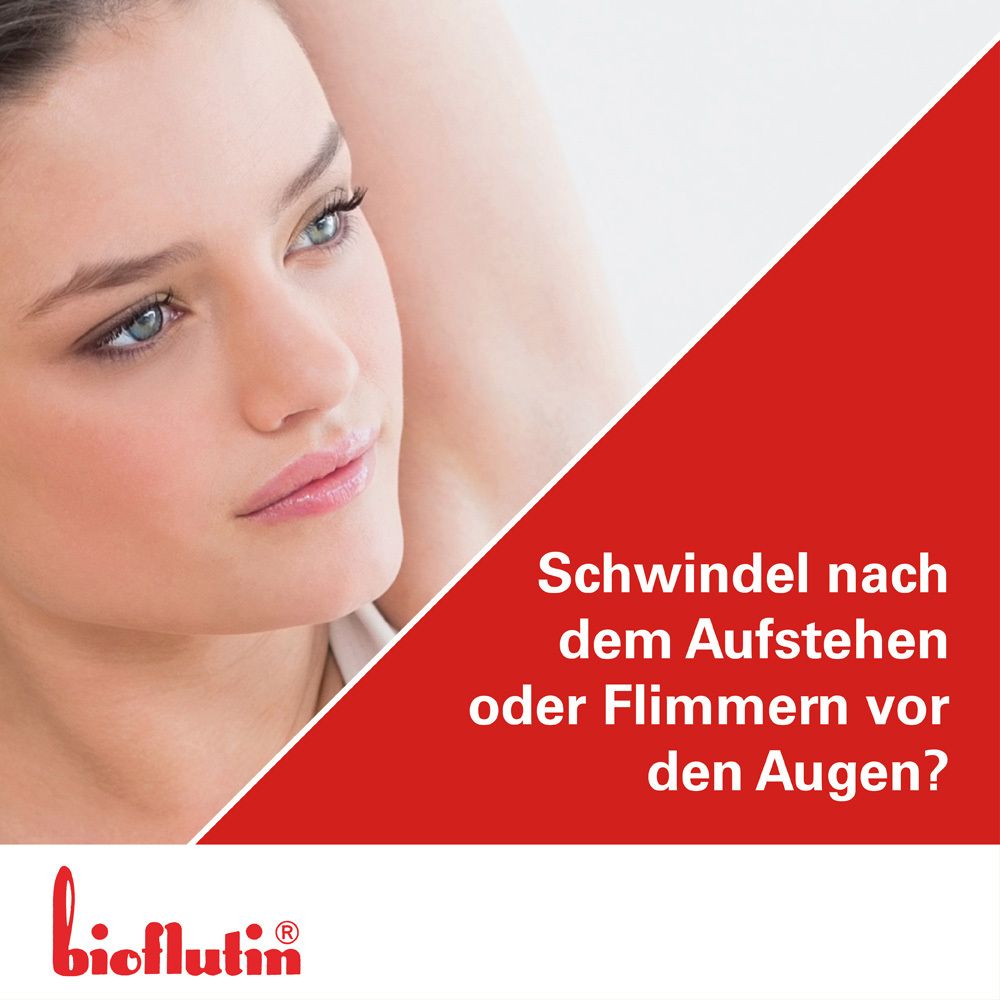 Frau mit rotem Hintergrund. Text: Schwindel nach dem Aufstehen oder Flimmern vor den Augen? bioflutin Logo.