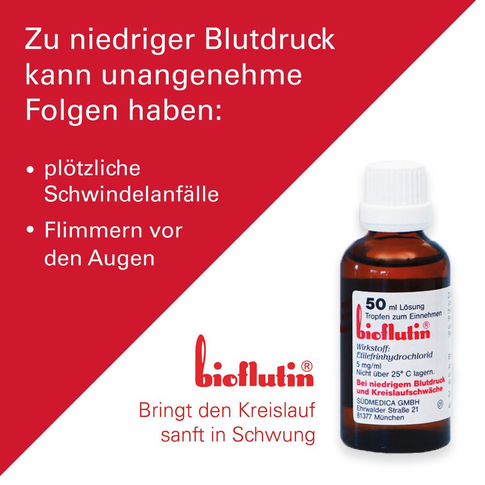 Braune Flasche mit Text. Zu niedrigem Blutdruck kann unangenehme Folgen haben: Schwindel, Flimmern vor den Augen. bioflutin Logo.