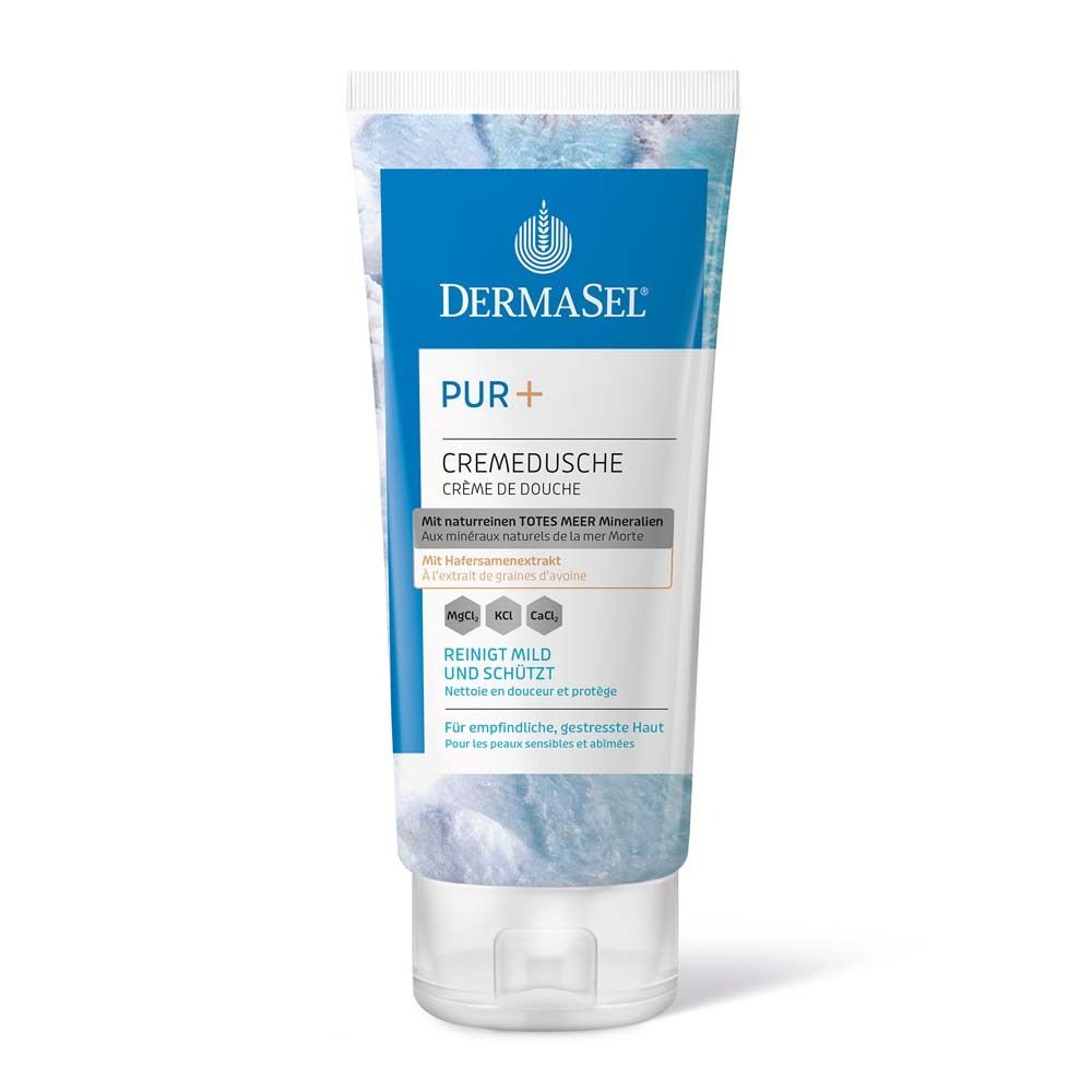 Creme-Dusche-Tube. Marke: DermaSel. Produkt: PUR+ Cremedusche. Text: Reinigt mild und schützt. Für empfindliche Haut.